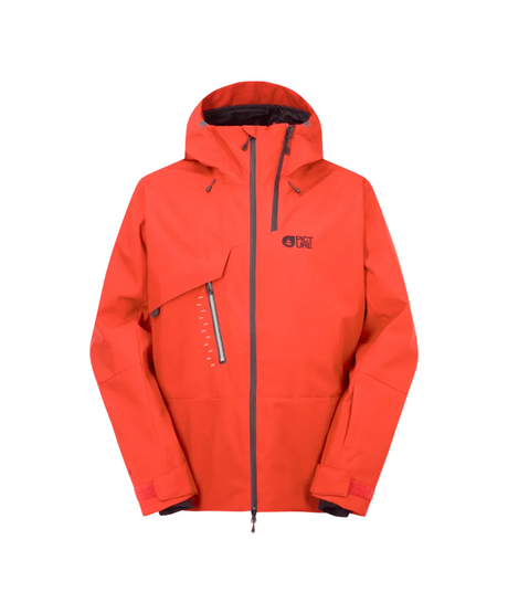 MFelnorJacket- A bright orange hooded outdoor jacket with a front zipper, zippered chest pocket, and a small black logo on the left chest, shown against a plain white background.