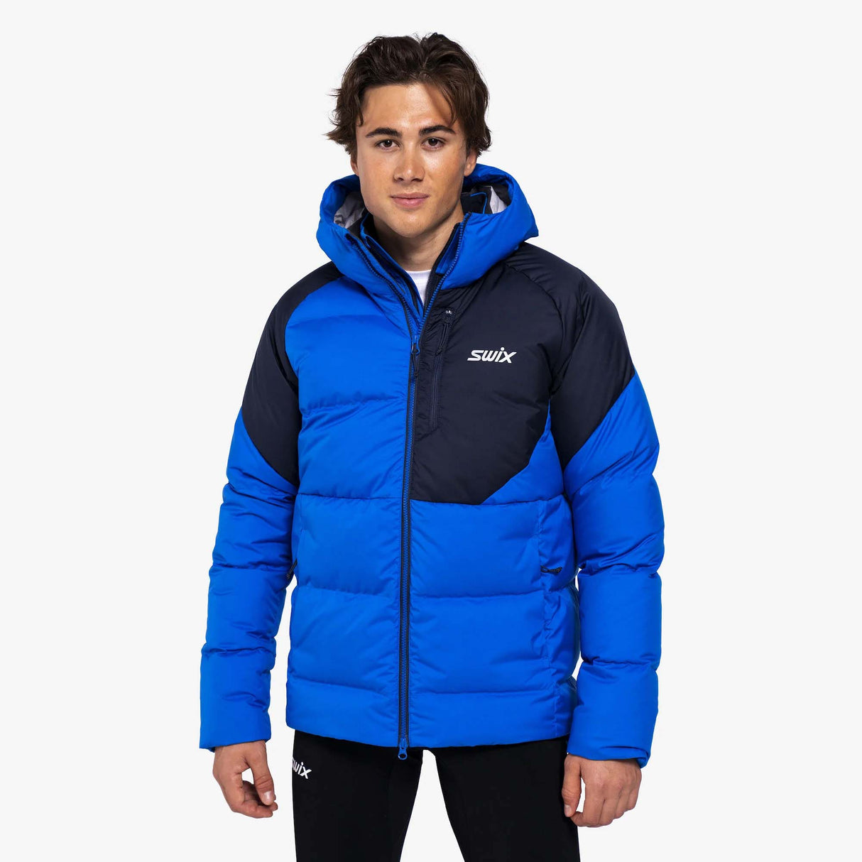 MFocusDownJacket- Blue and black puffer jacket with Swix logo on a white background