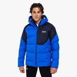 MFocusDownJacket- Blue and black puffer jacket with Swix logo on a white background