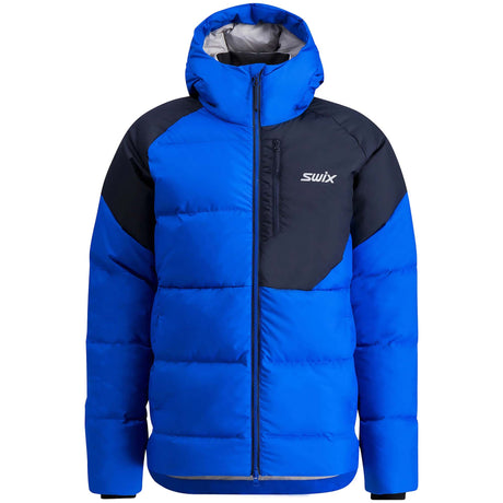 MFocusDownJacket- Blue and black puffer jacket with Swix logo on a white background