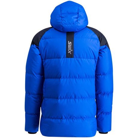 MFocusDownJacket- Blue and black puffer jacket with Swix logo on a white background