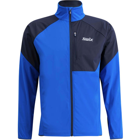MFocusJacket- A colorblock athletic jacket in royal blue and black with a white 'swix' logo on the chest, shown on a plain white background.