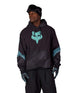 MFoxRacingWaterproofTeamHoody-Person wearing a black hoodie with a blue logo on a white background