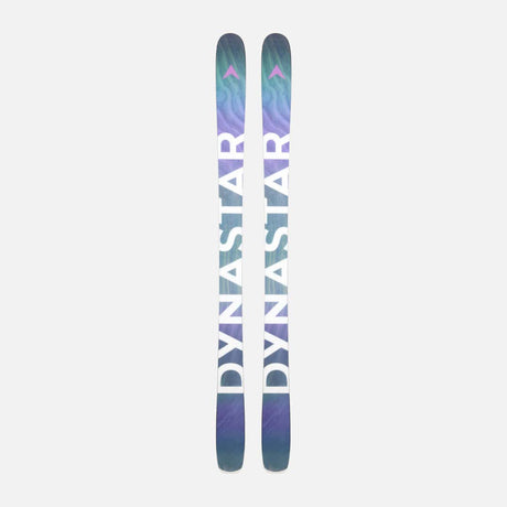 MFree94-A pair of Dynastar skis shown vertically against a light gray background, featuring a dark teal and purple marbled pattern with pink and white branding details.