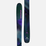 MFree94-A pair of Dynastar skis shown vertically against a light gray background, featuring a dark teal and purple marbled pattern with pink and white branding details.