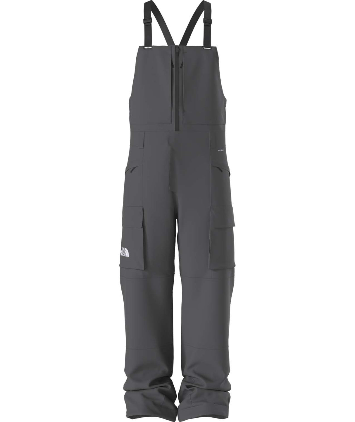 MFreedomBib-Grey bib overalls with The North Face logo on a white background