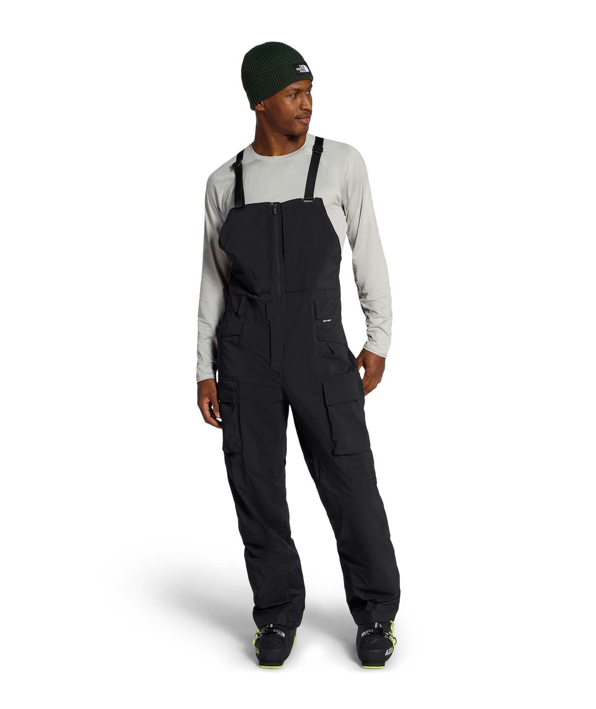 MFreedomBib-Black bib overalls with The North Face logo on a white background