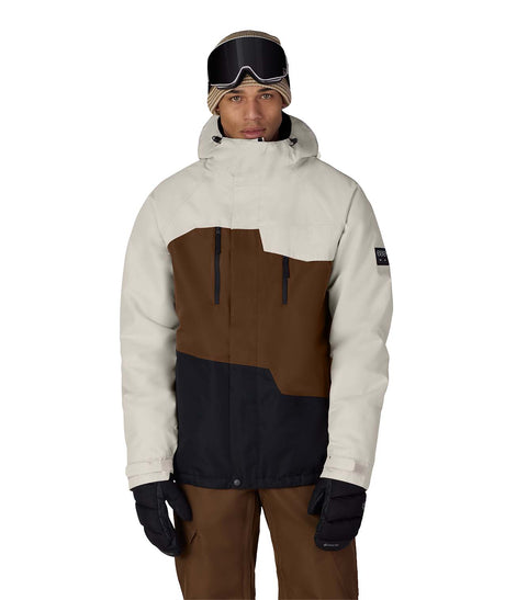 MGeoInsulatedJacket-Person wearing a two-tone snow jacket with brown and black accents on a white background