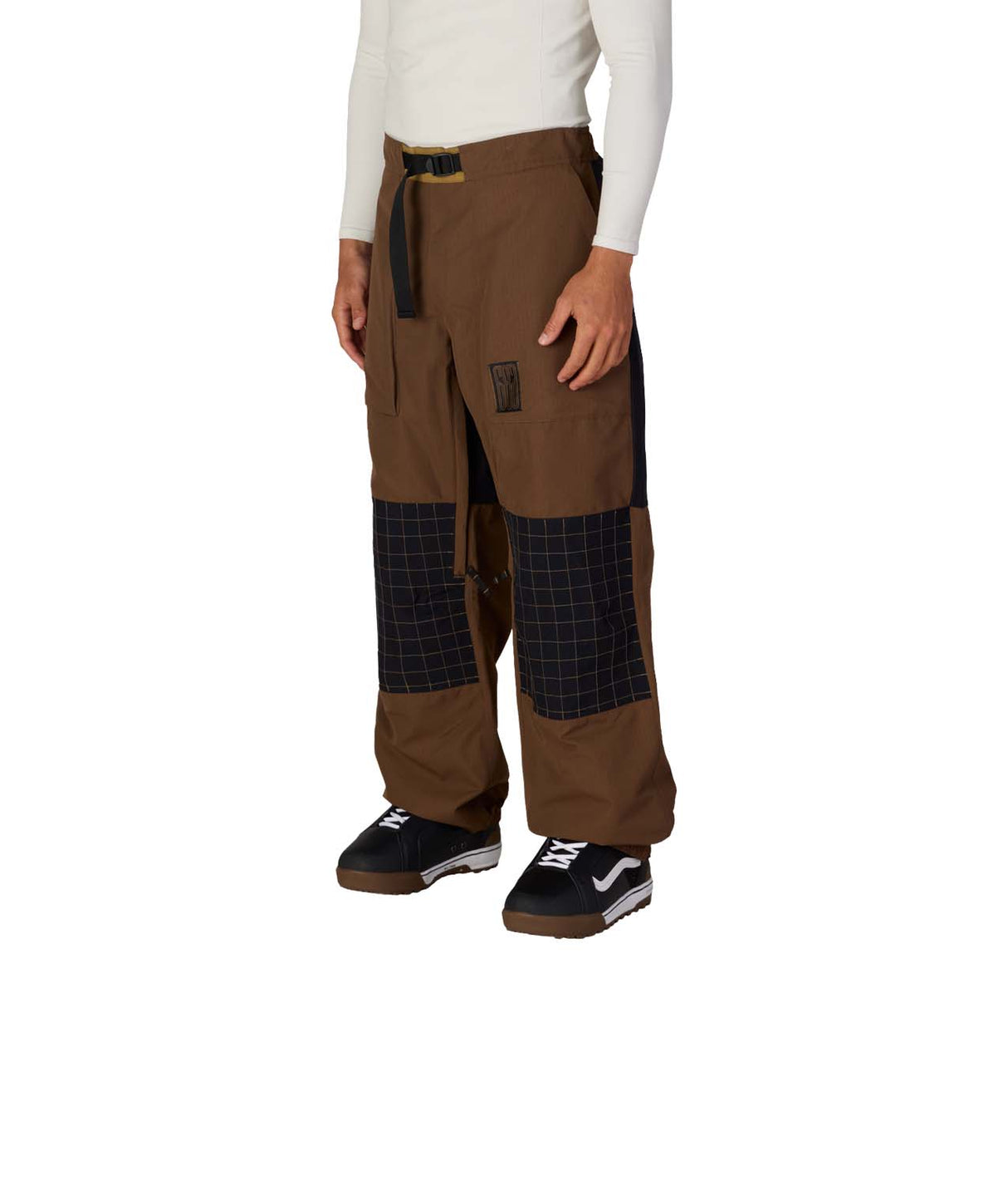 MGhost2.5LPant-Brown pants with plaid accents worn by a person on a white background
