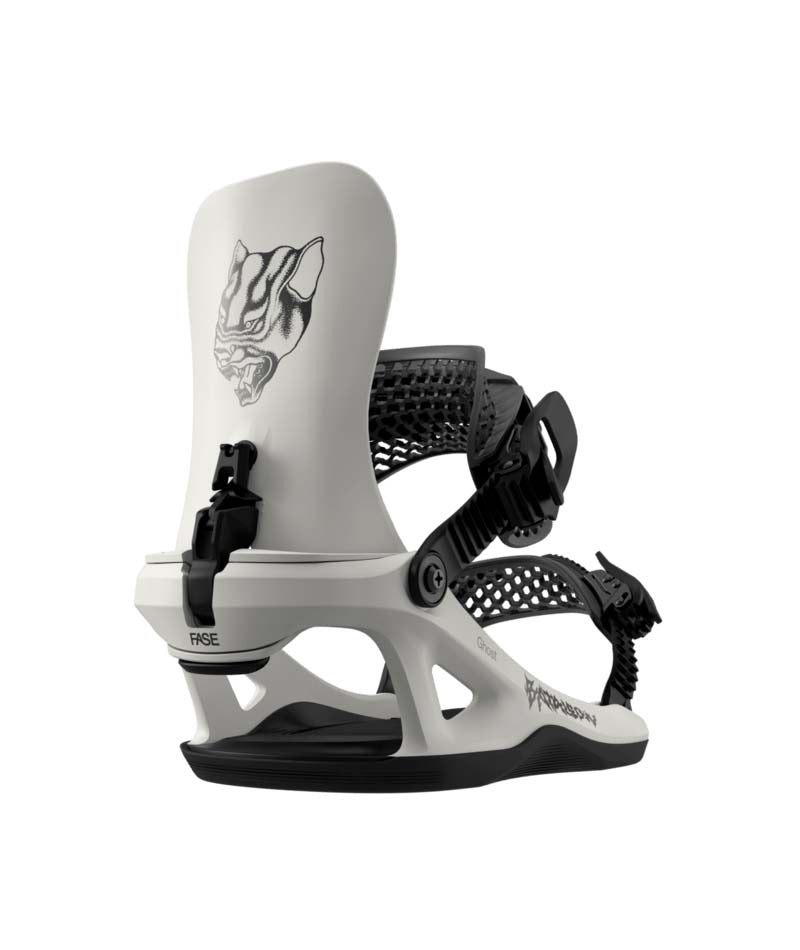 MGhostFase-White snowboard binding with black accents on a white background