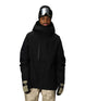 MGore-texCoreShellJacket-Person wearing a black snow jacket, goggles, and camouflage pants on a white background