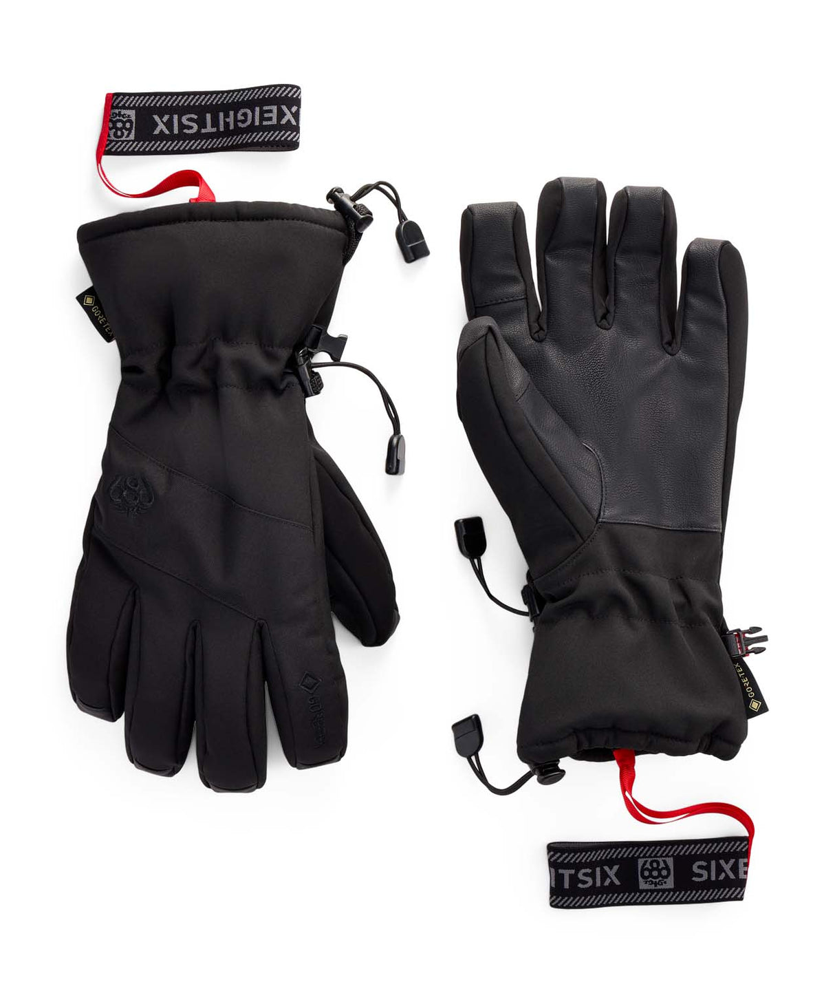 MGore-texLinearGlove- A pair of black insulated gloves shown flat on a white background, with one glove facing palm-up and the other palm-down. A black wrist strap with red cord and the brand text 'SIXEIGHTSIX' is visible near the top left, and a matching strap appears near the bottom right.