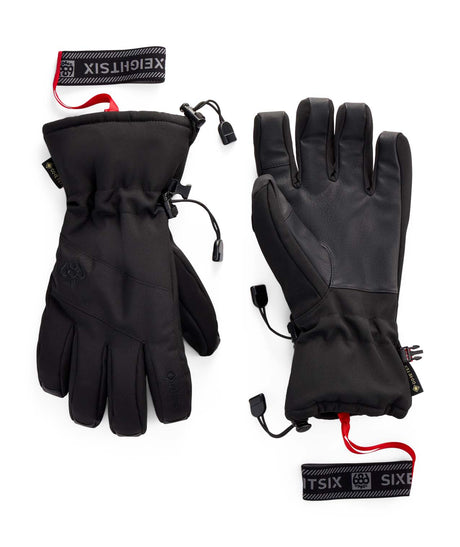 MGore-texLinearGlove- A pair of black insulated gloves shown flat on a white background, with one glove facing palm-up and the other palm-down. A black wrist strap with red cord and the brand text 'SIXEIGHTSIX' is visible near the top left, and a matching strap appears near the bottom right.