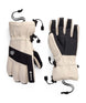 MGore-texLinearGlove- A pair of GORE-TEX winter gloves shown flat against a white background, displaying both the palm and back-of-hand views. The gloves feature a warm cream/beige fabric body with black panels on the back of the hand and wrist, black drawstrings, and a black GORE-TEX logo strip.
