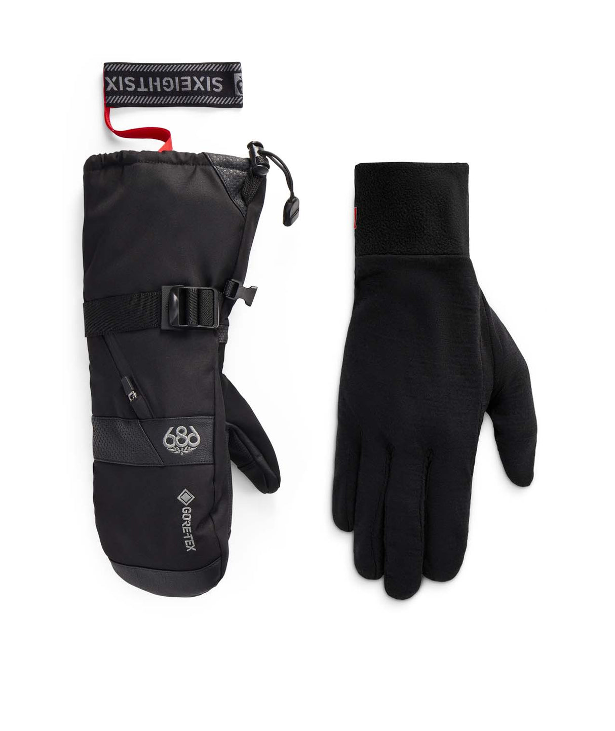 MGore-texSmarty3-in-1GauntletMitt-Black gloves with a strap and buckle on a white background