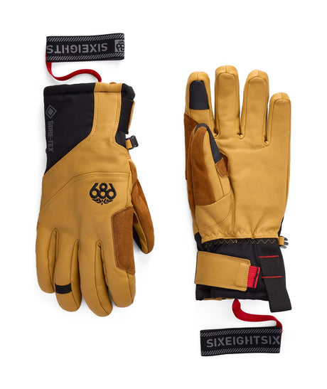 MGore-texStrongholdLeatherGlove-Pair of tan gloves with black accents on a white background, featuring the Sixeightsix brand.