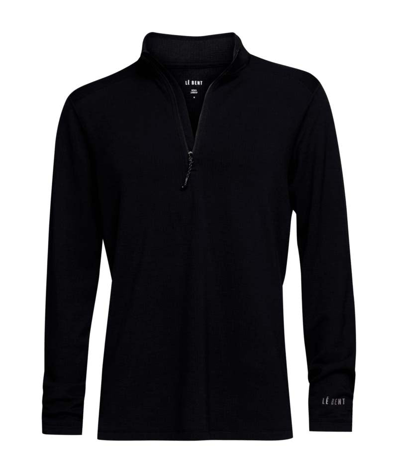 MHeavyweightGridFleece1_4Zip-Black long-sleeve shirt with a quarter zip on a white background
