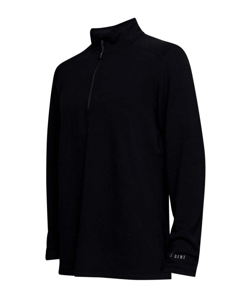 MHeavyweightGridFleece1_4Zip-Black long-sleeve shirt with a quarter zip on a white background