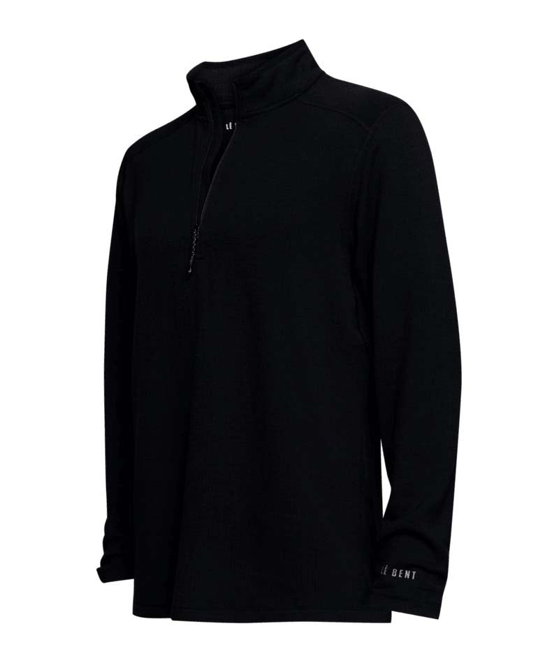 MHeavyweightGridFleece1_4Zip-Black long-sleeve shirt with a quarter zip on a white background
