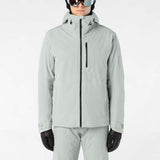 MHighlandInsulatedJacket-Person wearing a light gray ski jacket, pants, gloves, and helmet on a white background