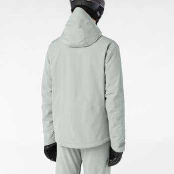 MHighlandInsulatedJacket-Person wearing a light gray jacket and pants on a white background