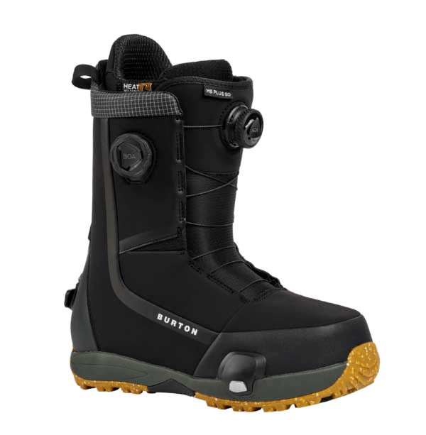 MHighshotPlusStepOnSnowboardBoots-Black snowboard boot with yellow sole on a white background