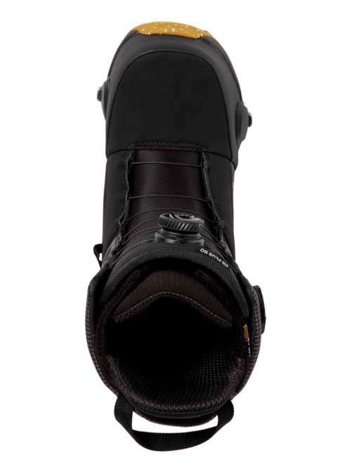 MHighshotPlusStepOnSnowboardBoots-Black snowboard boot with yellow sole on a white background