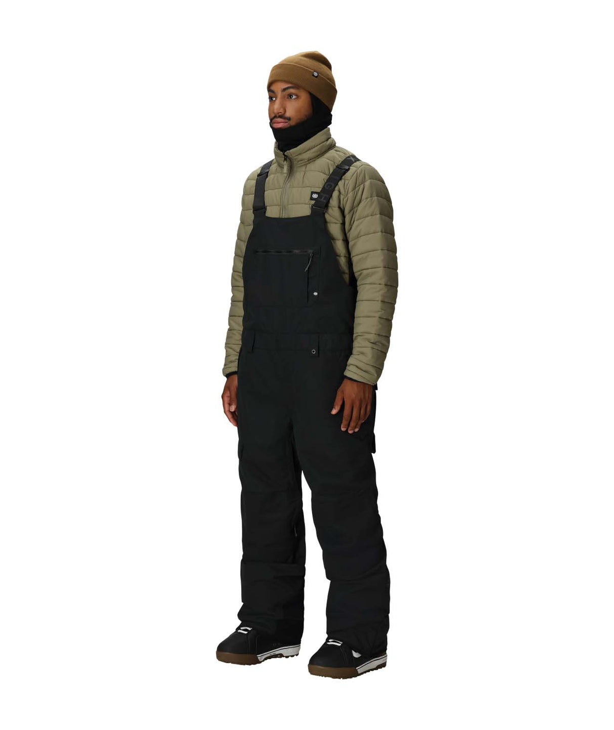 MHotLapInsulatedBib- Man wearing a black bib on a white background