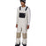 MHotLapInsulatedBib- A man modeling off-white snow bib overalls with beige knee patches, worn over a white long-sleeve shirt and paired with black snow boots and goggles, on a solid white background.