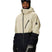 MHydraThermagraphJacket-A man wearing a color-blocked ski jacket in beige and black, along with black snow pants, gloves, and ski goggles, photographed against a solid white background.