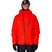 MHydraThermagraphJacket-A man wearing a bright red ski jacket with black zippers, black gloves, a black neck gaiter, and a red-and-black patterned bandana with goggles, photographed against a plain white background.