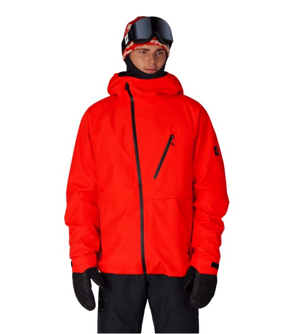 MHydraThermagraphJacket-A man wearing a bright red ski jacket with black zippers, black gloves, a black neck gaiter, and a red-and-black patterned bandana with goggles, photographed against a plain white background.