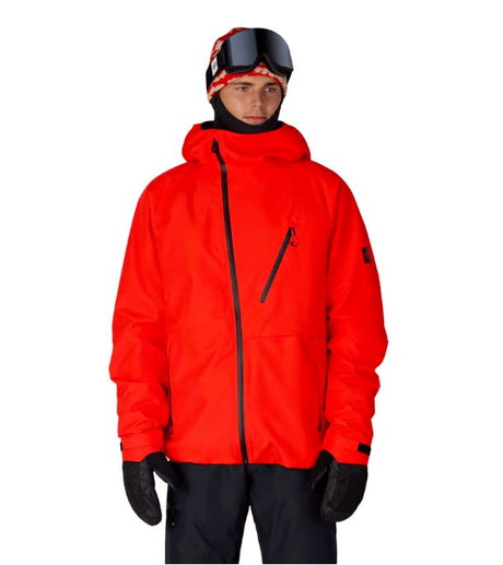 MHydraThermagraphJacket-A man wearing a bright red ski jacket with black zippers, black gloves, a black neck gaiter, and a red-and-black patterned bandana with goggles, photographed against a plain white background.