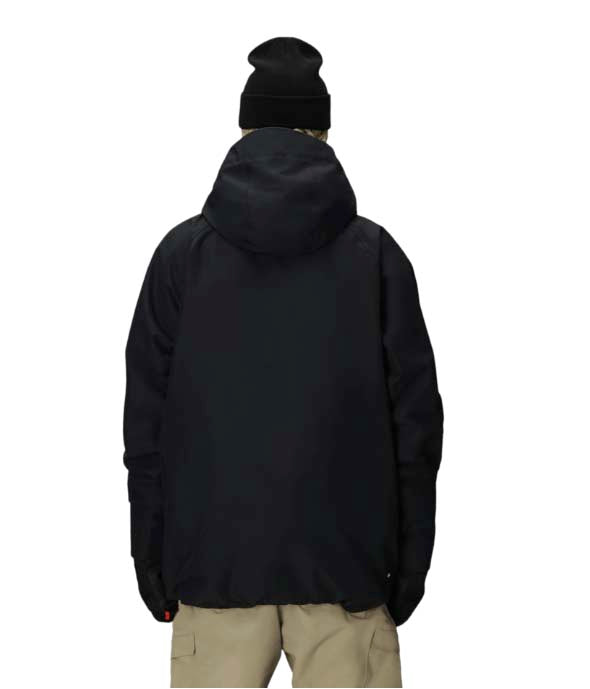 MHydraThermagraphJacket-A man wearing a black ski jacket with black zippers, black gloves, a cream neck gaiter, and a black beanie with goggles, photographed against a plain white background.