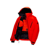 MHydraThermagraphJacket-A man wearing a bright red ski jacket with black zippers, black gloves, a black neck gaiter, and a red-and-black patterned bandana with goggles, photographed against a plain white background.