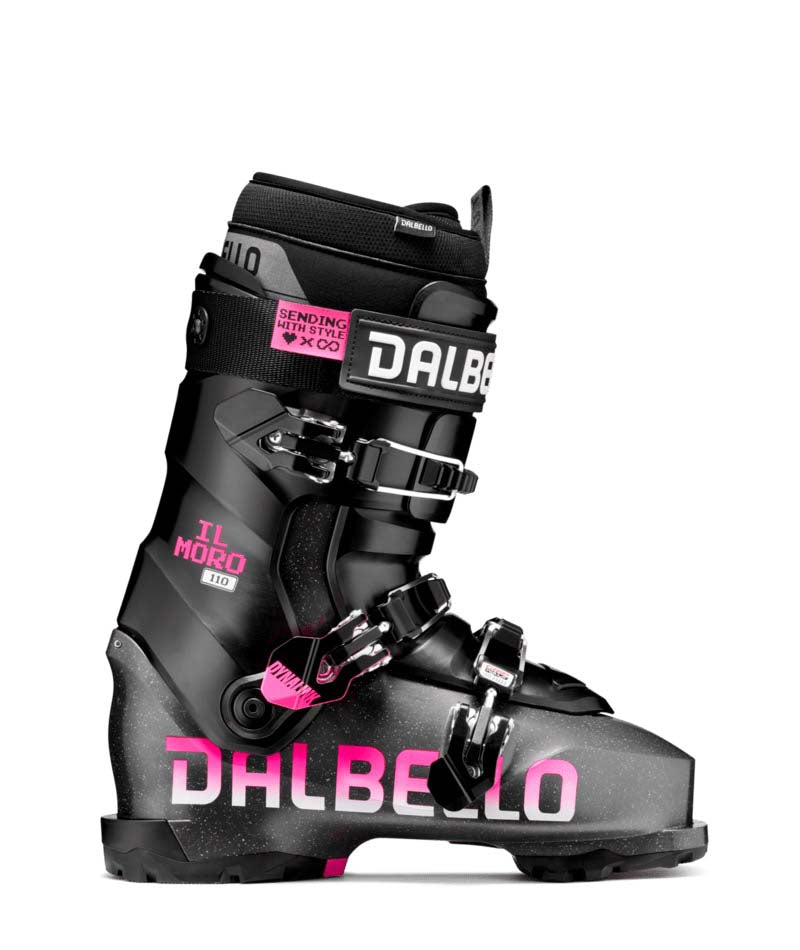 IlMoro1103DWrap- Black ski boot with pink accents and Dalbello branding on a white background