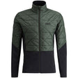MInfinityHybridInsulatedJacket- A men's quilted jacket in dark green and black, featuring a diamond-quilted pattern on the upper body and sleeves, solid black lower panels, and a black zipper. The brand 'Subt' is embroidered on the left chest.