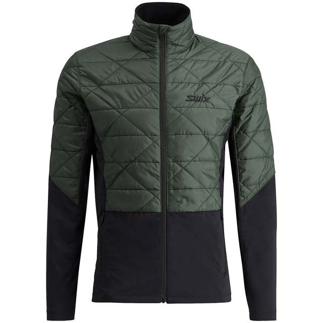 MInfinityHybridInsulatedJacket- A men's quilted jacket in dark green and black, featuring a diamond-quilted pattern on the upper body and sleeves, solid black lower panels, and a black zipper. The brand 'Subt' is embroidered on the left chest.