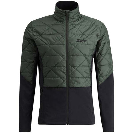 MInfinityHybridInsulatedJacket- A men's quilted jacket in dark green and black, featuring a diamond-quilted pattern on the upper body and sleeves, solid black lower panels, and a black zipper. The brand 'Subt' is embroidered on the left chest.