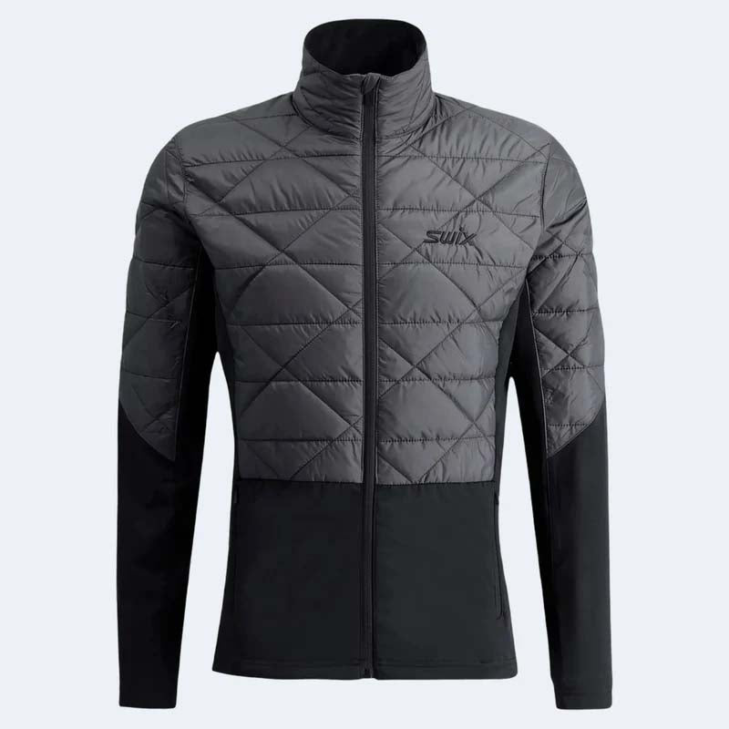 MInfinityHybridInsulatedJacket-A dark gray and black quilted zip-up jacket with a high collar and a visible Swix logo on the left chest, displayed on a light gray background.