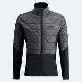 MInfinityHybridInsulatedJacket-A dark gray and black quilted zip-up jacket with a high collar and a visible Swix logo on the left chest, displayed on a light gray background.