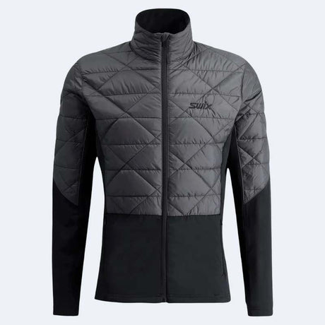 MInfinityHybridInsulatedJacket-A dark gray and black quilted zip-up jacket with a high collar and a visible Swix logo on the left chest, displayed on a light gray background.