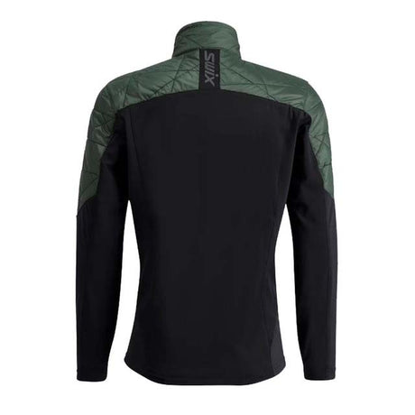 MInfinityHybridInsulatedJacket- A black and dark green technical jacket shown from the back, featuring a high collar with a vertical 'SWIX' logo on the neck and quilted shoulder panels.