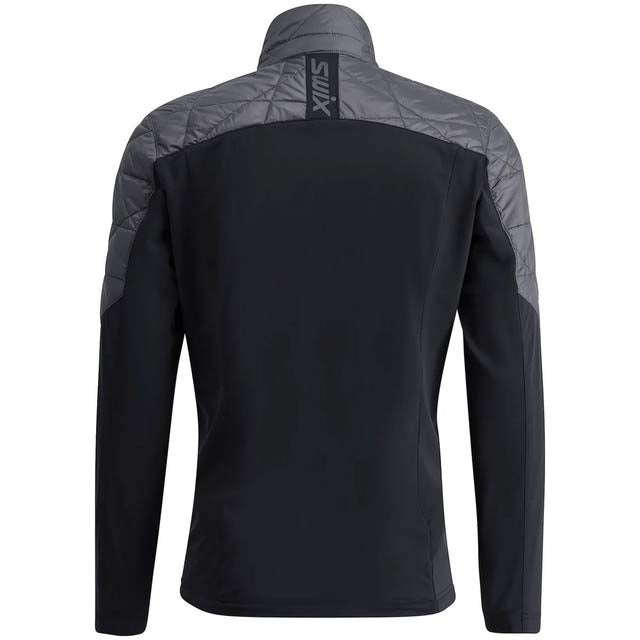 MInfinityHybridInsulatedJacket- Black and gray long-sleeve athletic jacket shown from the back, featuring a high collar, quilted shoulder panels, and a vertical gray 'SWIX' logo on the upper back.