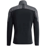 MInfinityHybridInsulatedJacket- Black and gray long-sleeve athletic jacket shown from the back, featuring a high collar, quilted shoulder panels, and a vertical gray 'SWIX' logo on the upper back.