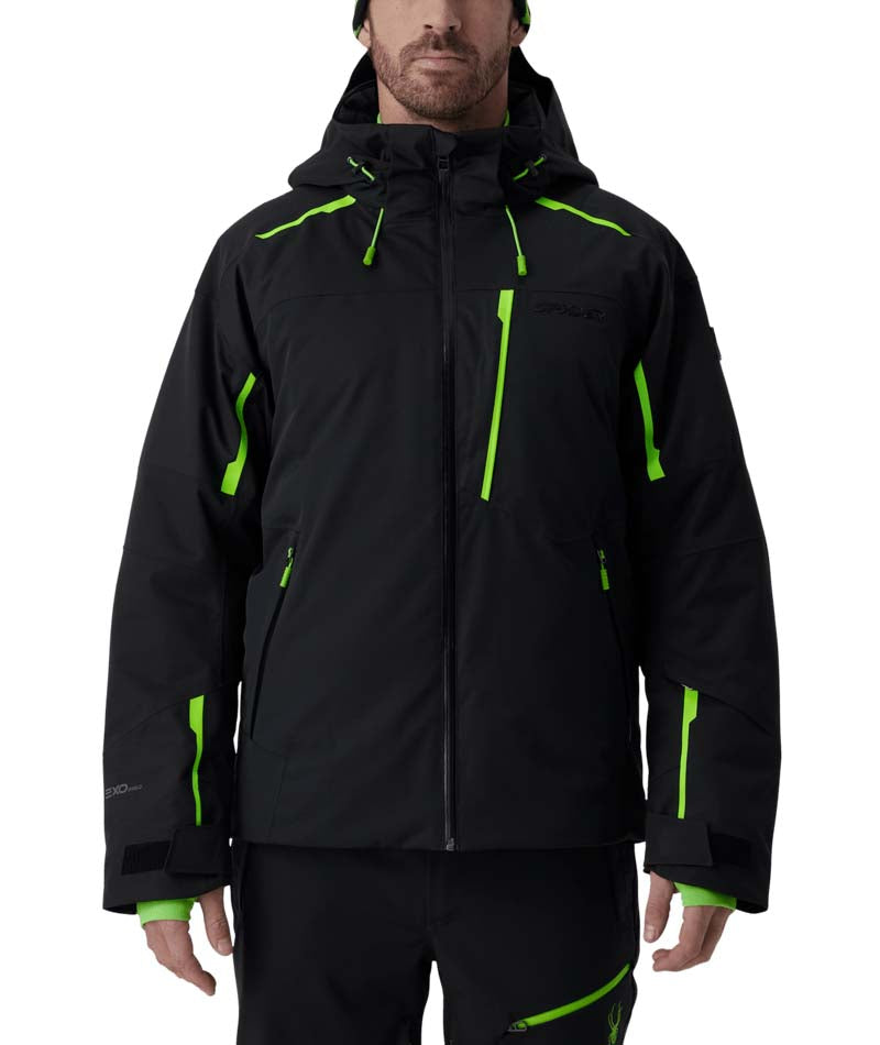 MLeaderJacket- Man wearing a black and green ski jacket on a white background