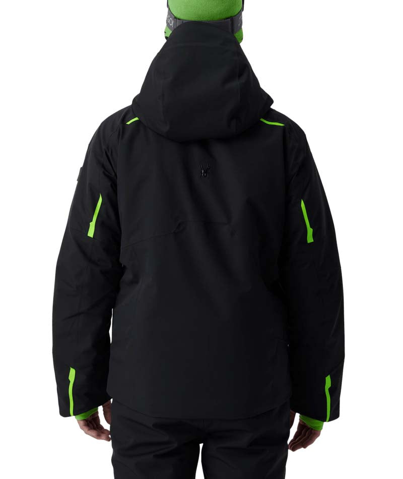 MLeaderJacket- Man wearing a black and green ski jacket on a white background