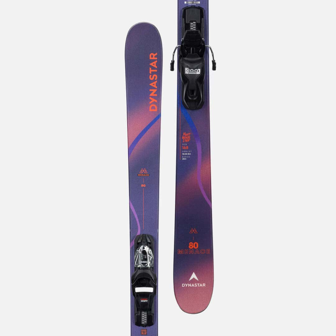 MMENACE80-A pair of Dynastar skis with a purple and pink gradient, shown vertically against a light gray background.