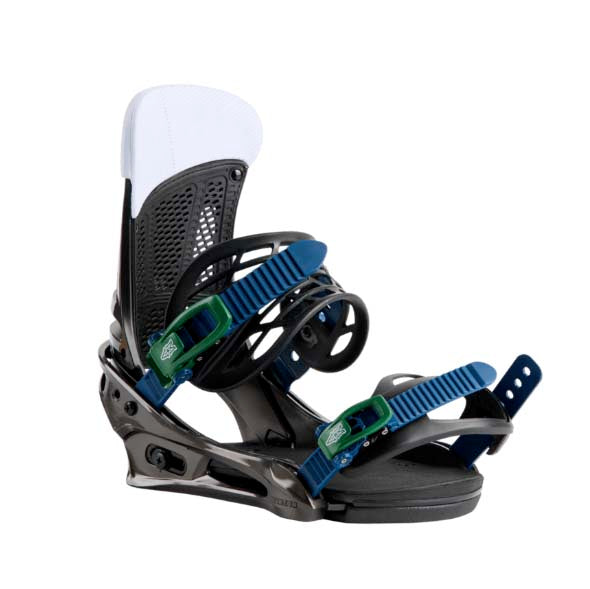 MMalavitaSnowboardBindings-Black and blue snowboard bindings on a white background