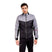 MMayenQuiltedJacket- A man wearing a gray and black color-blocked puffer jacket with black pants, standing against a solid white background.